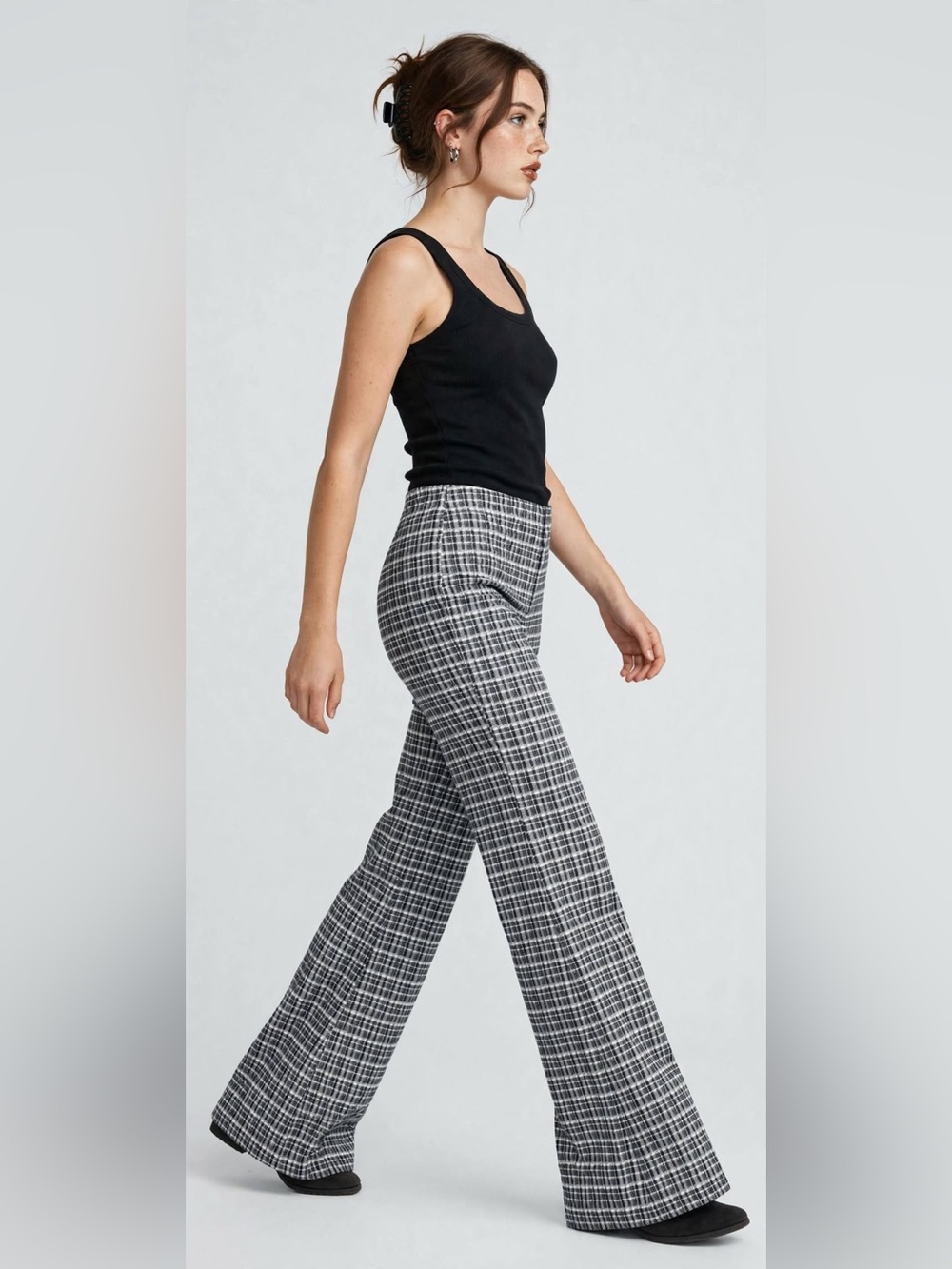 REWASH Y2K Plaid Flare Pants - High-Waisted Pull-On, Size L